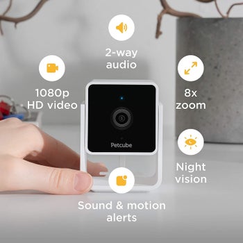 Infographic showing the cube camera and listing its features: 1080p HD video, 2-way audio, 8x zoom, night vision, and sound and motion alerts