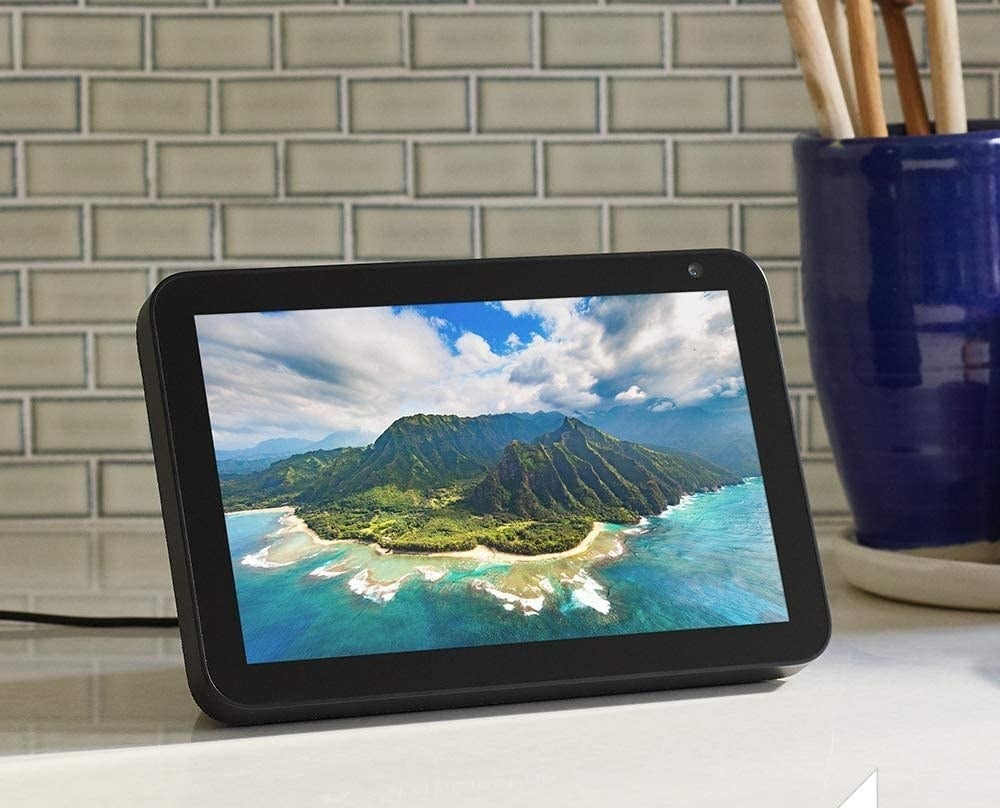 A small upright tablet on a countertop