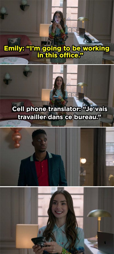 Emily speaking English into her phone and then playing the French translation on speaker