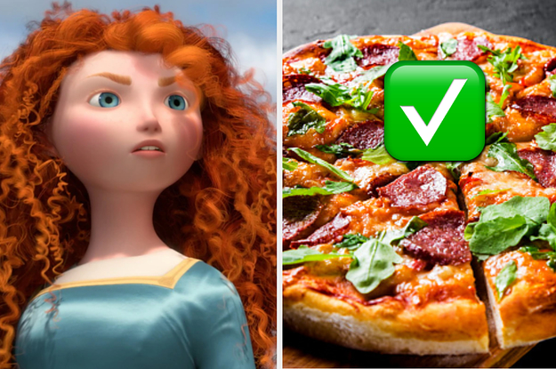 Merida is on the left with a pepperoni pizza and a check mark emoji on the right