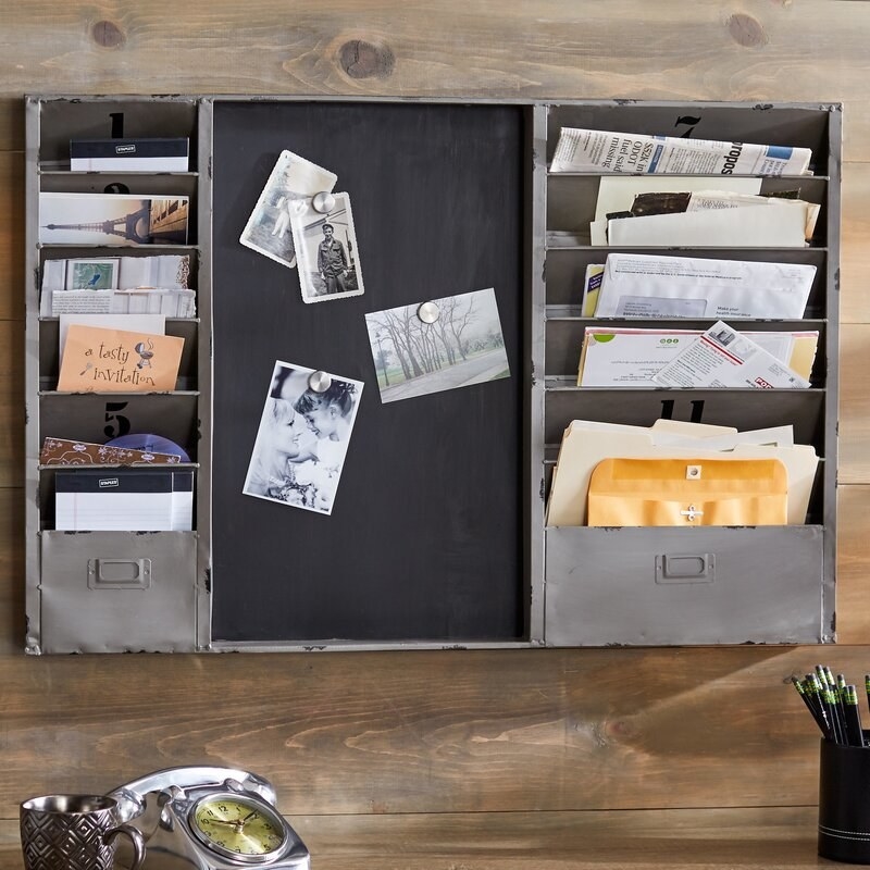 A chalkboard with pockets for files, newspapers and mail