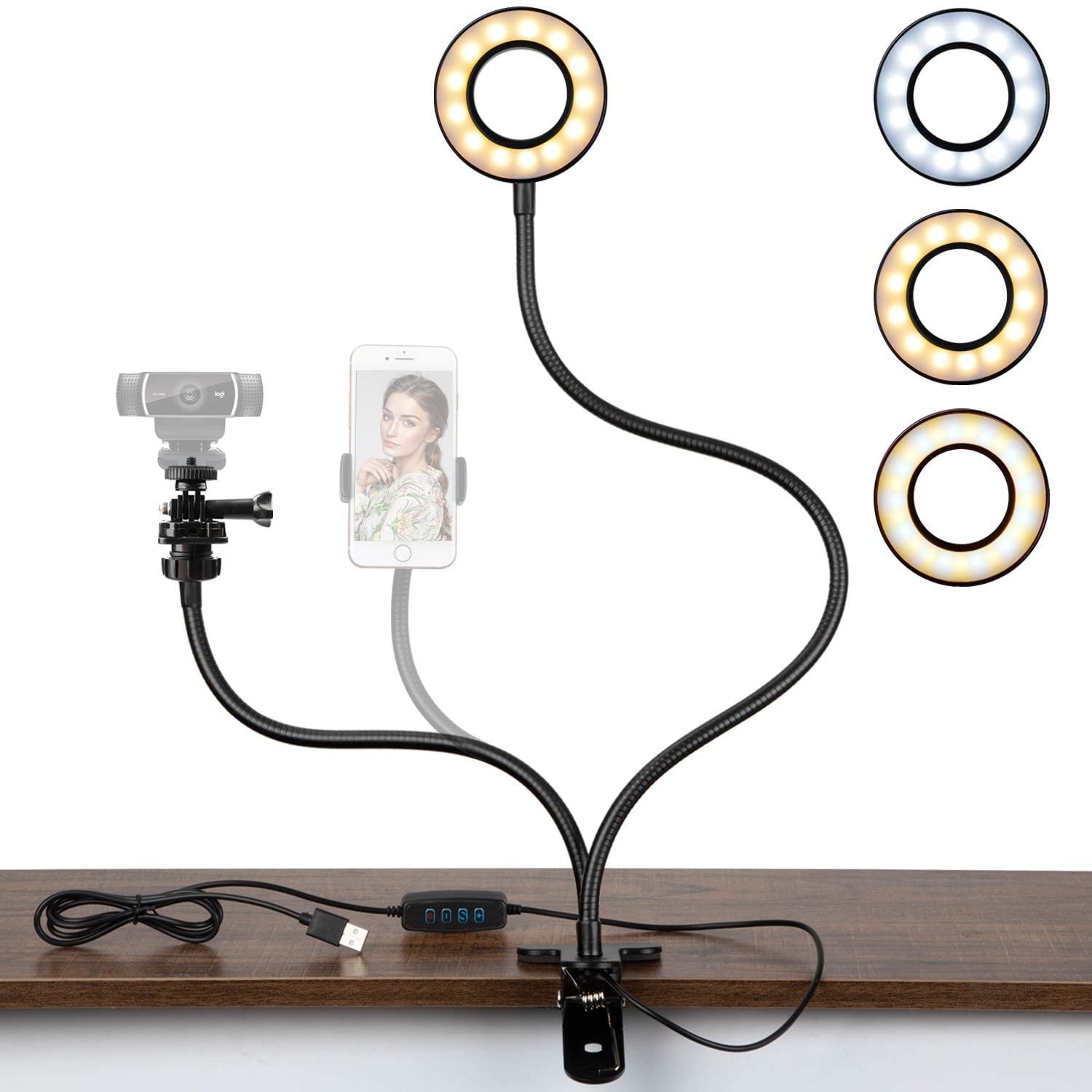 the ring light stand with bendable arms that hold the light and your phone