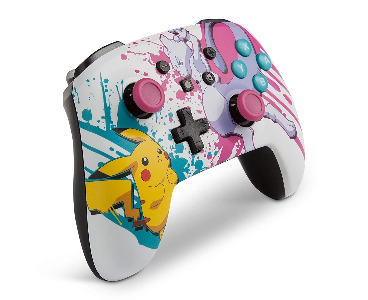 a wireless controller with pink and blue splatters on it and mew two and pikachu illustrations