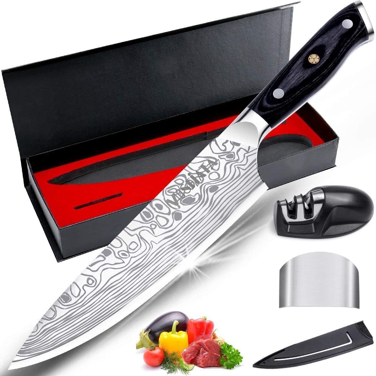 the large chef&#x27;s knife with a black swirly design on the silver blade, the gift box, knife sharpener, and cover
