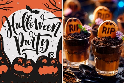 Halloween party card with chocolate mousse graveyard