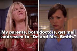 “我的父母，两位医生，让邮寄给'博士和史密斯夫人'写着一位尖叫的女人和一个盯着相机的女人