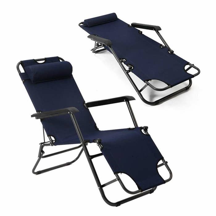 A collage of an Empire Portable Zero Gravity Chair (normal and reclined positions) in dark blue.