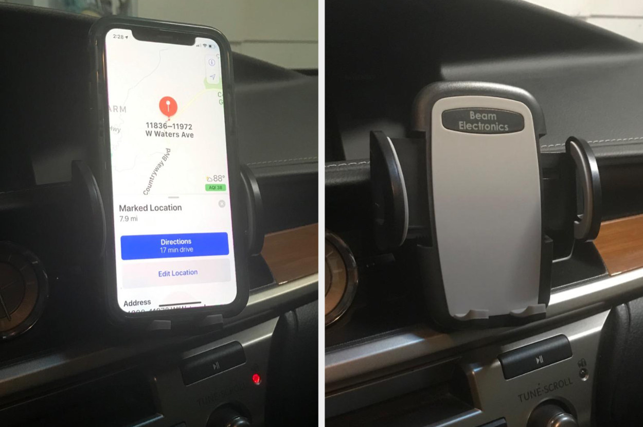Reviewer's split image of a phone in gray and black mount and the mount without a phone on the car dashboard