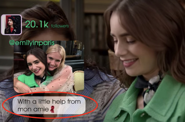 Two girls are hugging with one posting a picture and a caption that reads: "With a little help from mon amie"
