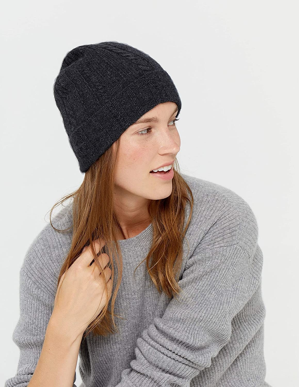 Model in the black beanie with a fold-over edge