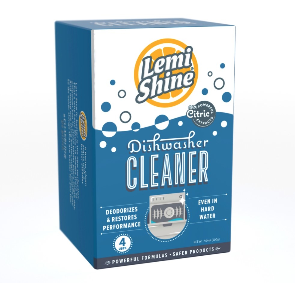 Blue and white packaging for Lemi Shine dishwasher cleaner