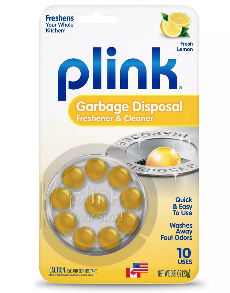 Packaging for Plink garbage disposal cleaner with yellow cleaning beads on cover