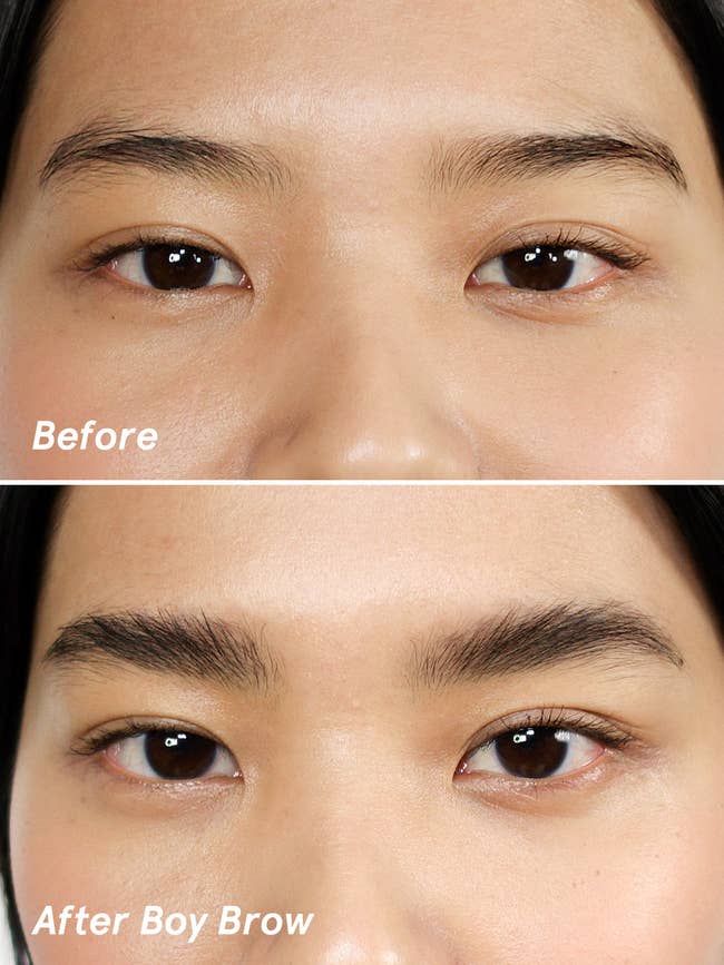 before and after images of a model's brows