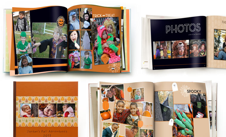 Sample pages from the book showing Halloween designs and photos of kids in costumes