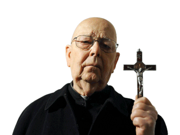 A priest holding a cross, captioned &quot;begone satan.&quot;