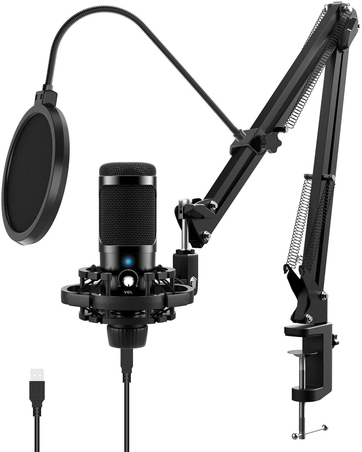 the microphone stand, microphone, and shock mount