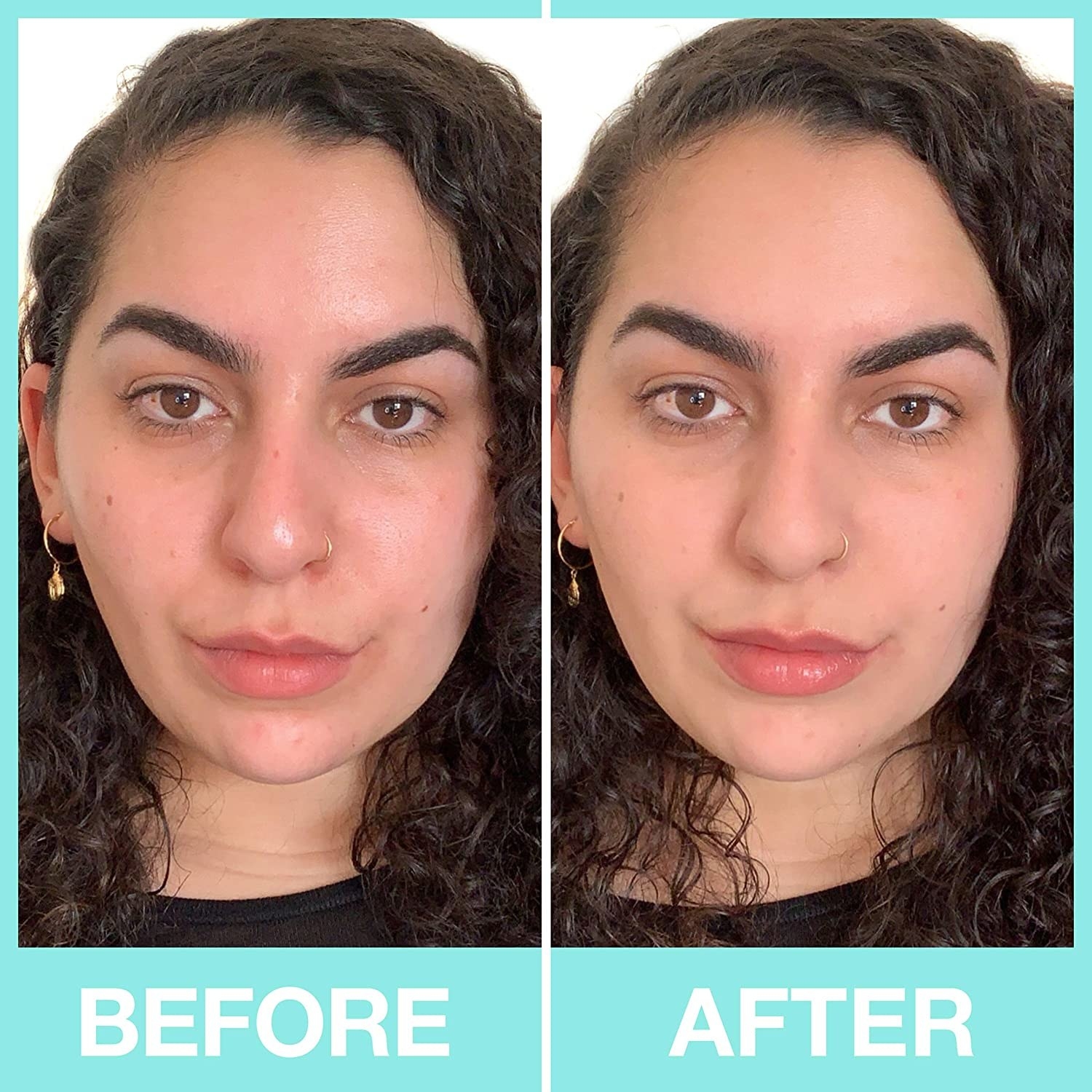 before and after photo of model with red skin on left and visibly more even skin on right