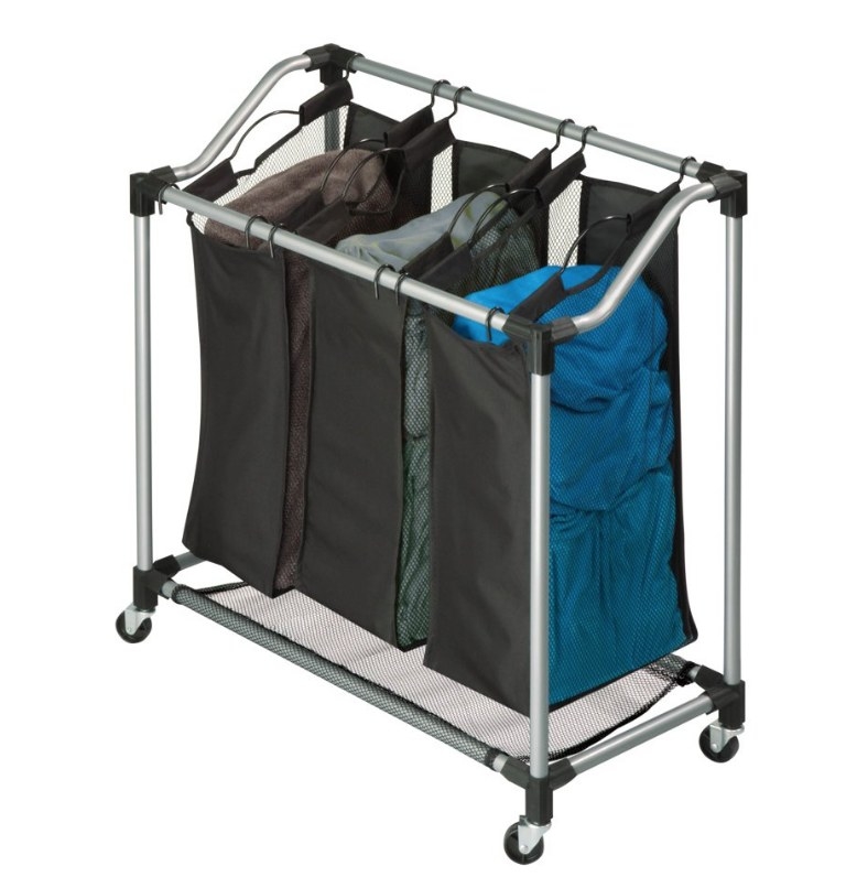 Black laundry sorter with three separate black bags with metal wheeled structure