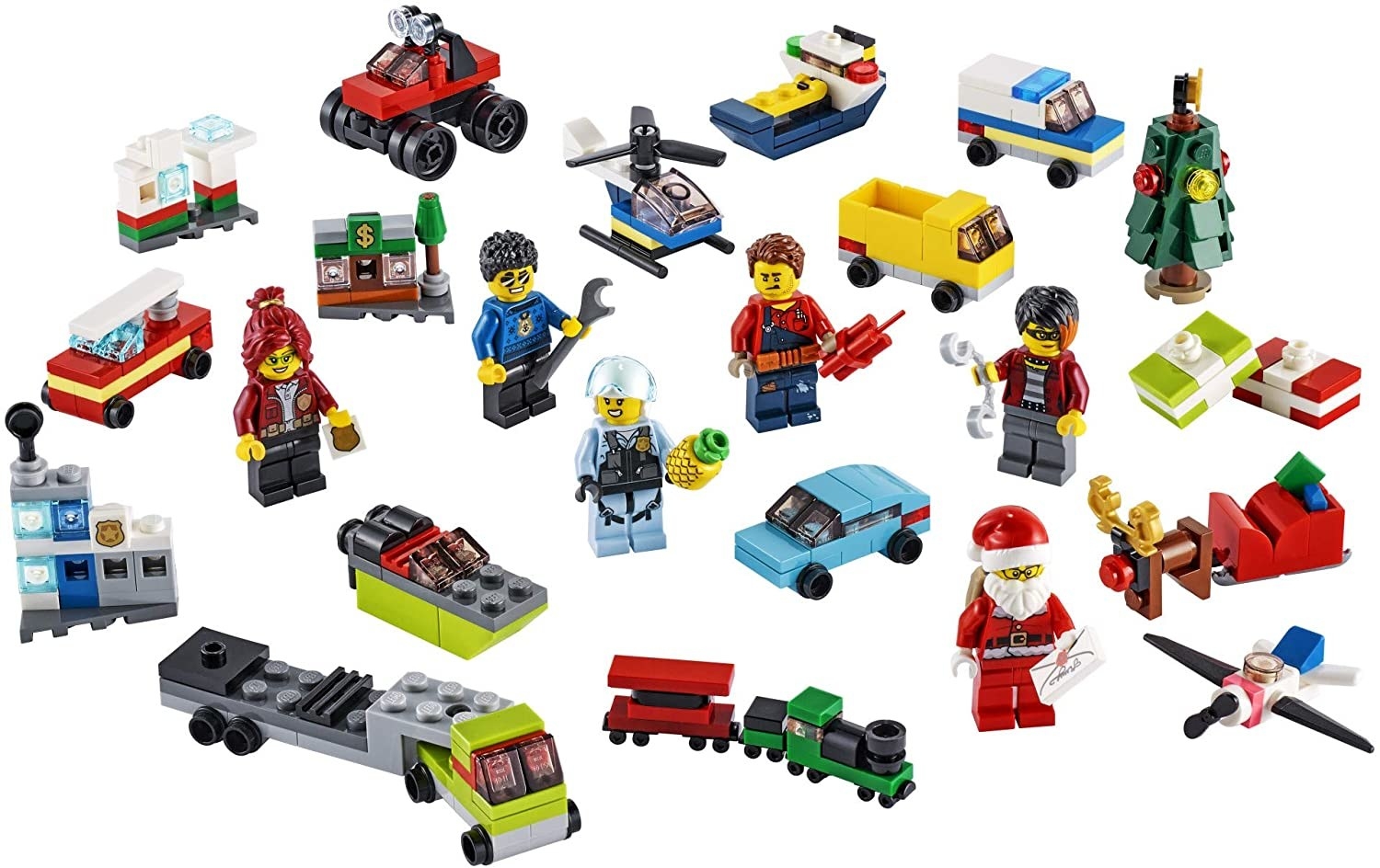 an array of lego minifigures and cars