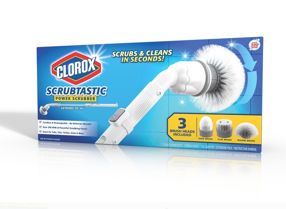 Blue packaging for Clorox power scrubber with white power scrubber on the front 