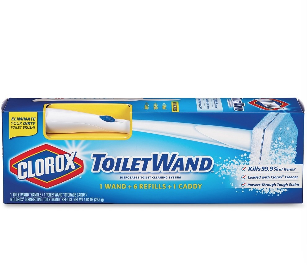 Packaging for Clorox toilet wand with white handle and blue scrubbing top 
