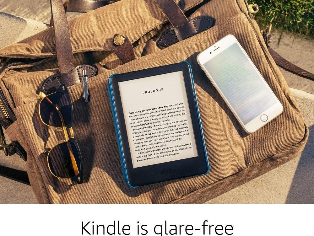 A Kindle eReader on a large bag
