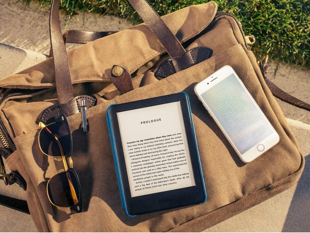 A Kindle eReader on a large bag
