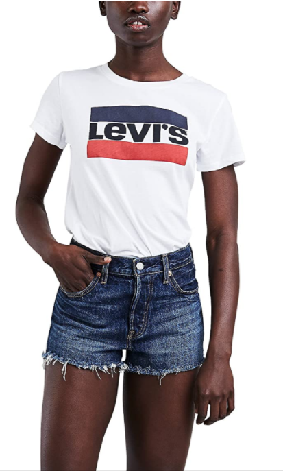 A person wearing a T-shirt with a Levi&#x27;s logo on it