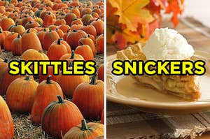 On the left, pumpkins in a pumpkin patch labeled "Skittles," and on the right, a slice of apple pie topped with vanilla ice cream labeled "Snickers"
