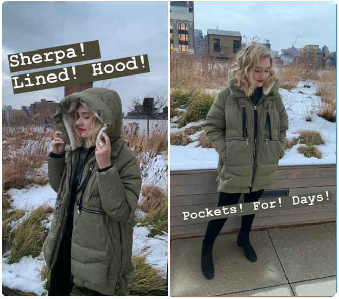 Image of BuzzFeed editor showing the sherpa-lined hood and many pockets in the green winter coat