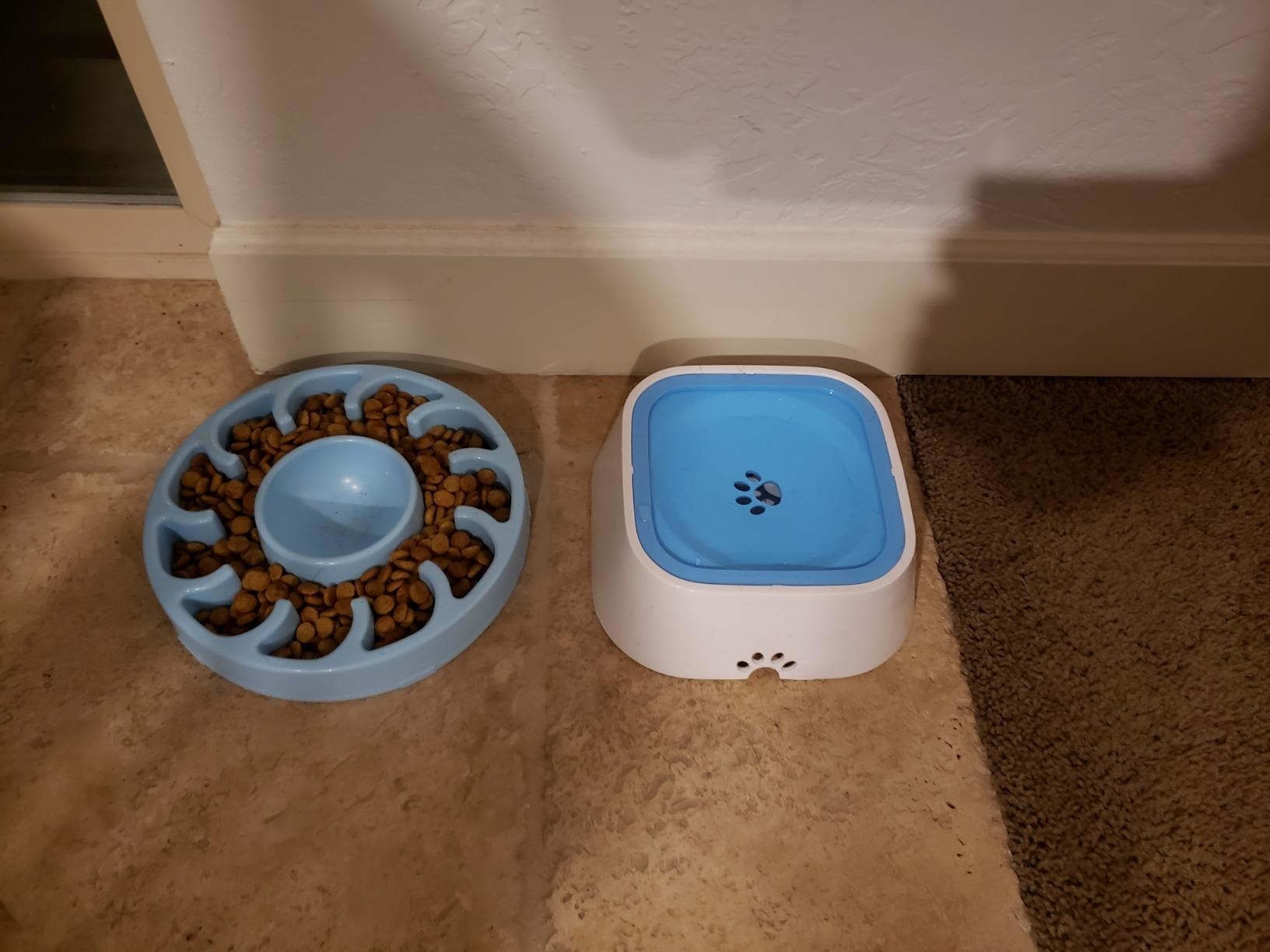 The slow feeder bowl, filled with food so that you can see the wave-like shapes that extend from the inner edges of the bowl, slowing eating