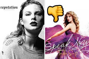 Taylor Swift's "Reputation" album is on the left with "Speak Now" on the right next to a thumbs down emoji