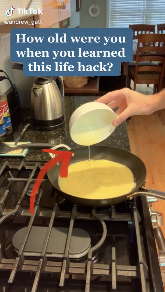 Screenshot of a TikTok showing a bowl of eggs being poured into a pan