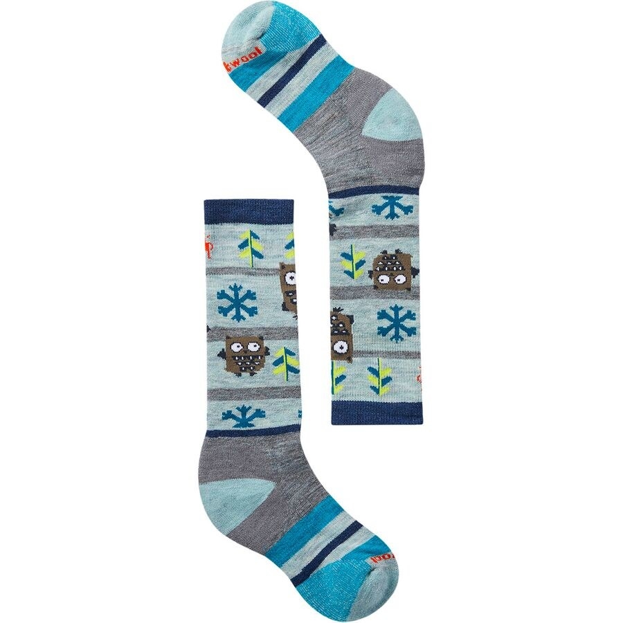 The tall socks with blue, gray, and navy strips and printed with owls, trees, and snowflakes