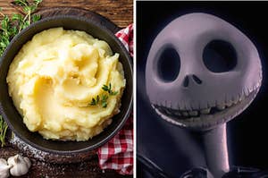 A bowl of mashed potatoes are on the left with a skeleton on the right