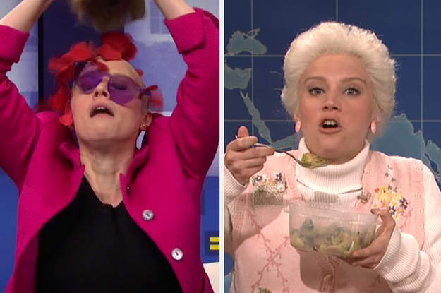 Kate as Elizabeth Warren dropping rose petals from underneath her wig on the left, and as deenie on the right
