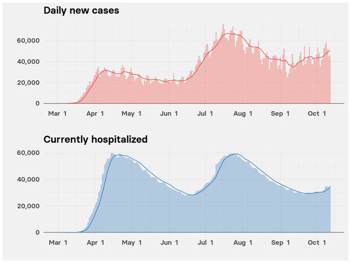 Charts show the three surges in cases since March and the start of a third surge in hospitalizations