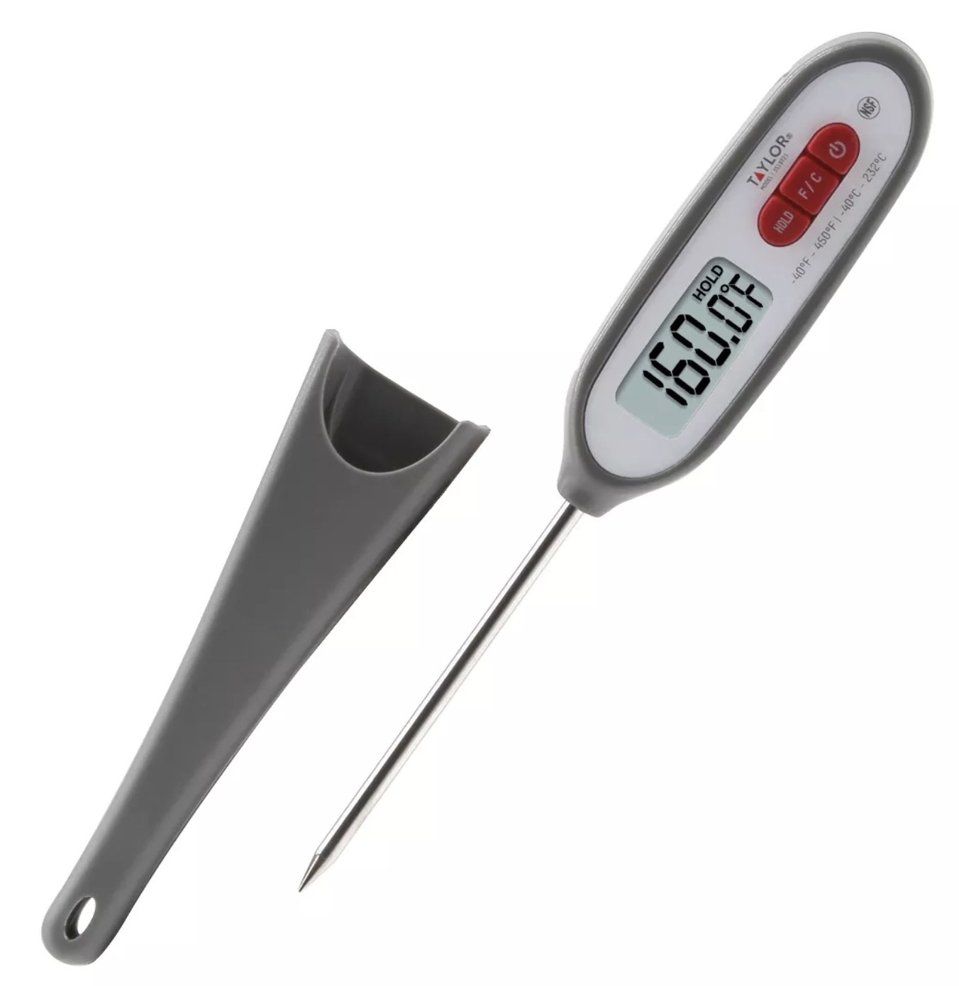 a grey kitchen thermometer with a red button and grey cap. the digital screen reads 160 degrees Fahrenheit 
