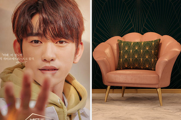 The poster for He Is Psychometric next to an image of a comfy art deco chair