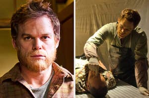 Michael C. Hall as Dexter with a beard and Dexter in his kill room