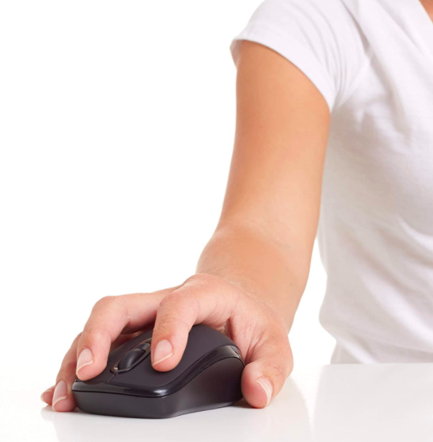 hand holds black computer mouse