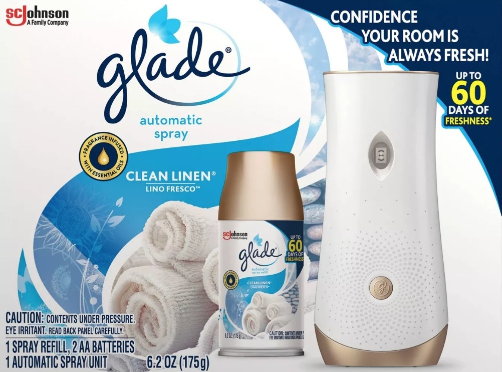 Packaging for glade automatic spray air freshener with white sprayer on front 