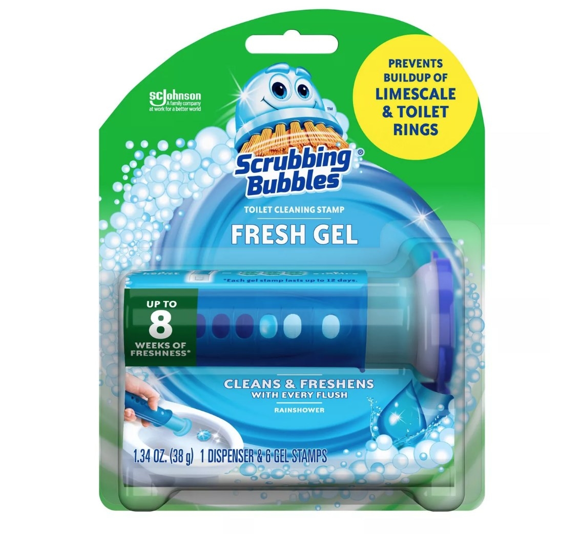 Packaging with Scrubbing Bubbles logo and cleaning stamp applicator