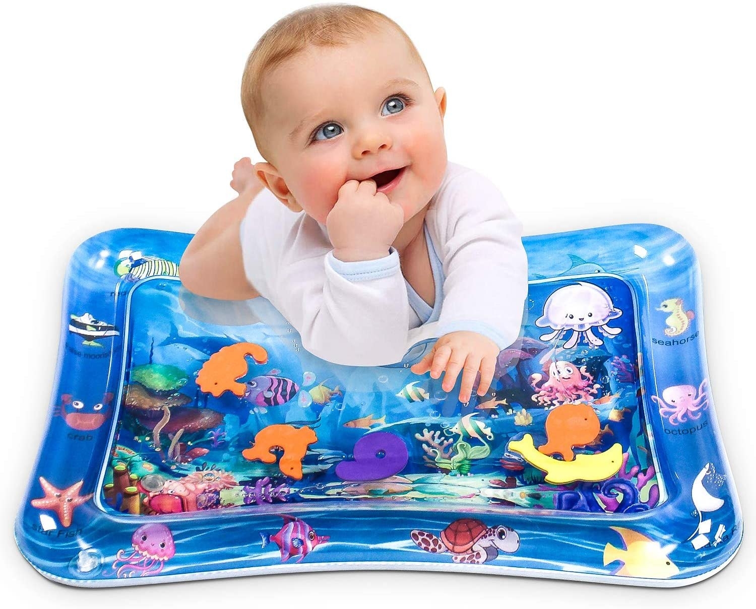 Baby on the inflated mat with a sea-theme to it