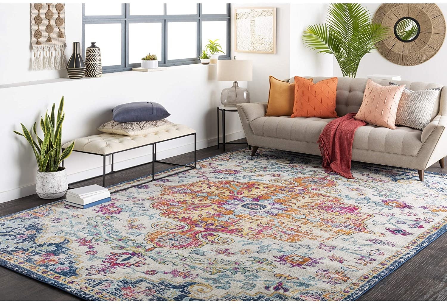 The orange/navy rug