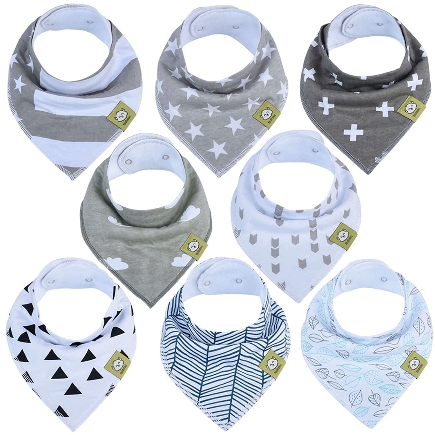 The eight bibs in different patterns