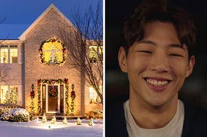 An image of a home in winter decorated for the holidays next to an image of Jisoo smiling