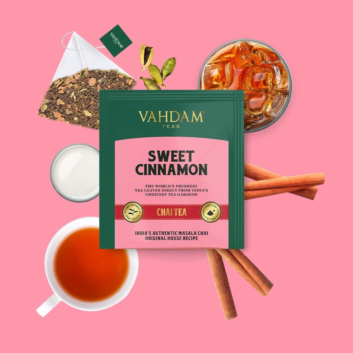 Vahdam sweet cinnamon chai tea packet stylized with cinnamon sticks, a mug and loose leaf tea