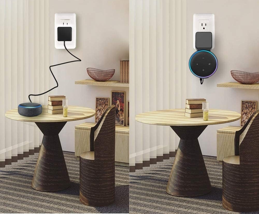Picture of the Echo Dot plugged in with a cord from the wall to a table and then with the holder against the wall, no cord 