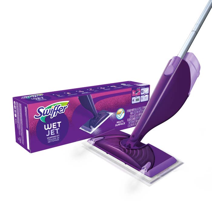 Purple box packaging for Swiffer wet jet mop with preview of wet jet mop next to it 